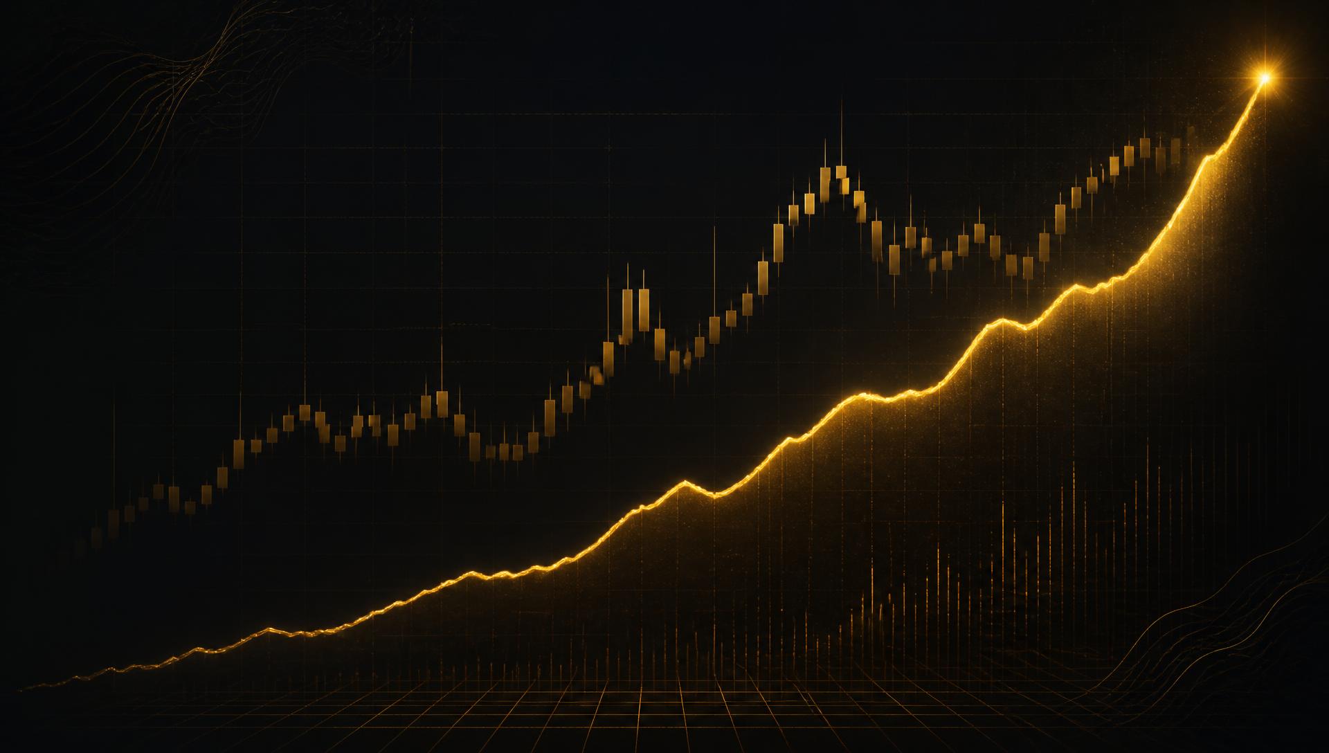 Rising equity curve over a candlestick chart